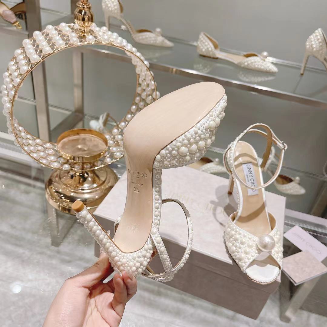 [TOP] Jimmy Choo 10cm Satin High Heel Sandals with All Over Pearls - White