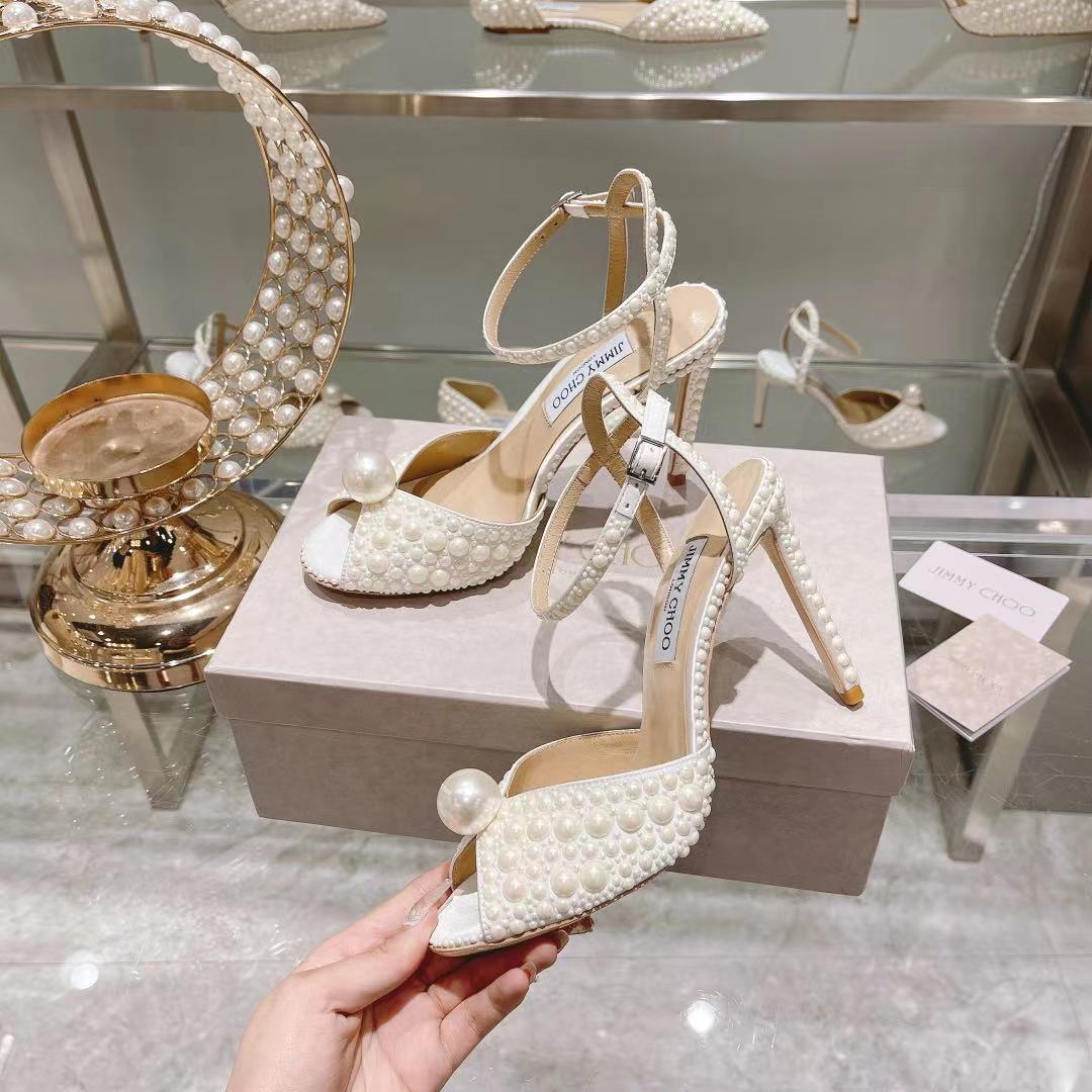 [TOP] Jimmy Choo 10cm Satin High Heel Sandals with All Over Pearls - White