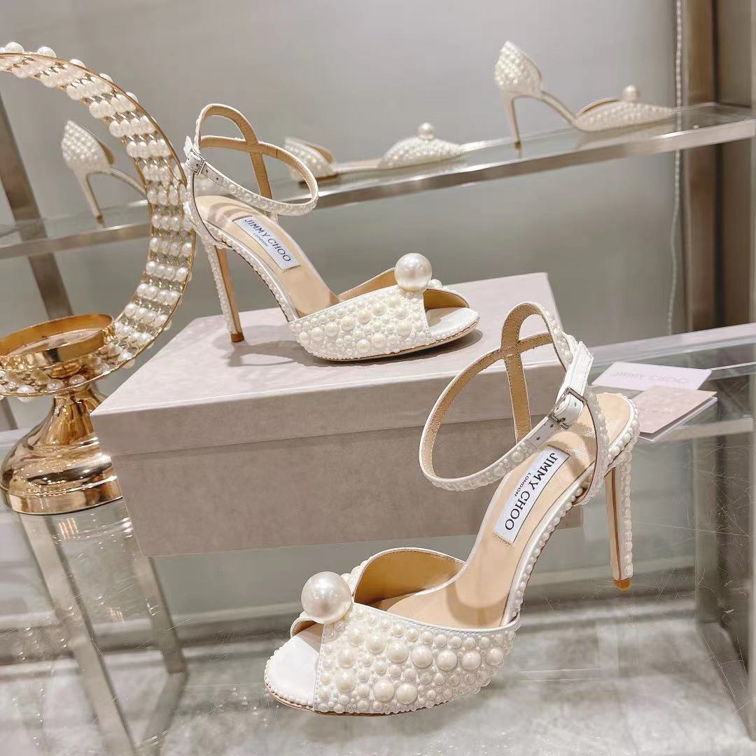 [TOP] Jimmy Choo 10cm Satin High Heel Sandals with All Over Pearls - White
