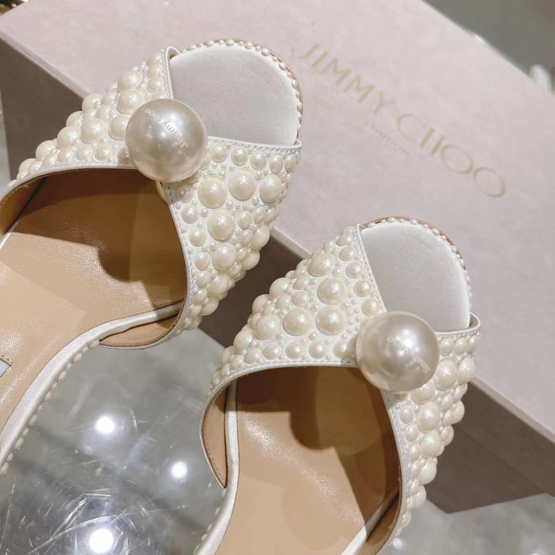 [TOP] Jimmy Choo 10cm Satin High Heel Sandals with All Over Pearls - White