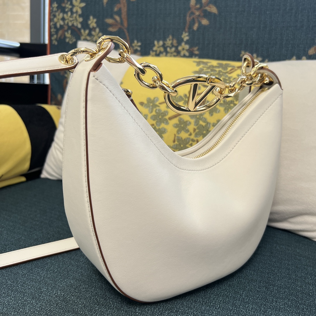 [TOP] VALENTINO Garavani VLOGO MOON HOBO Bag Plain Weave Leather Small 20x23x8cm with Chain - White