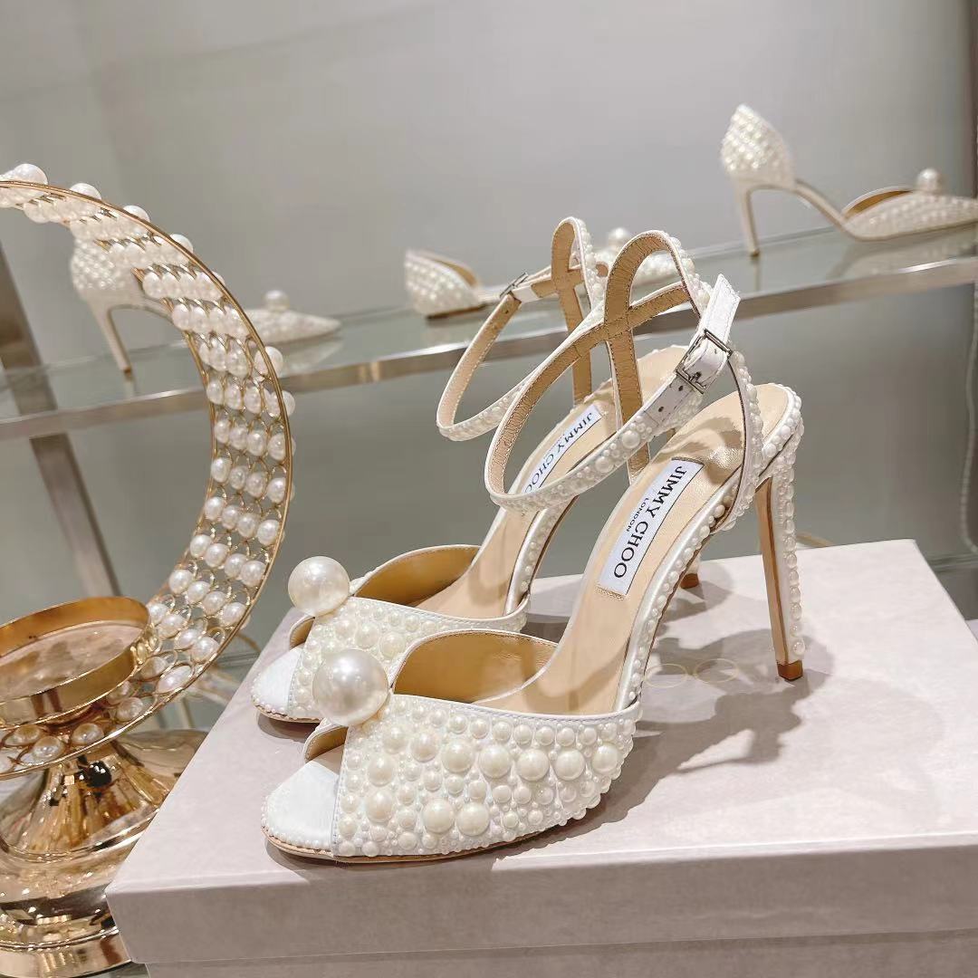 [TOP] Jimmy Choo 10cm Satin High Heel Sandals with All Over Pearls - White