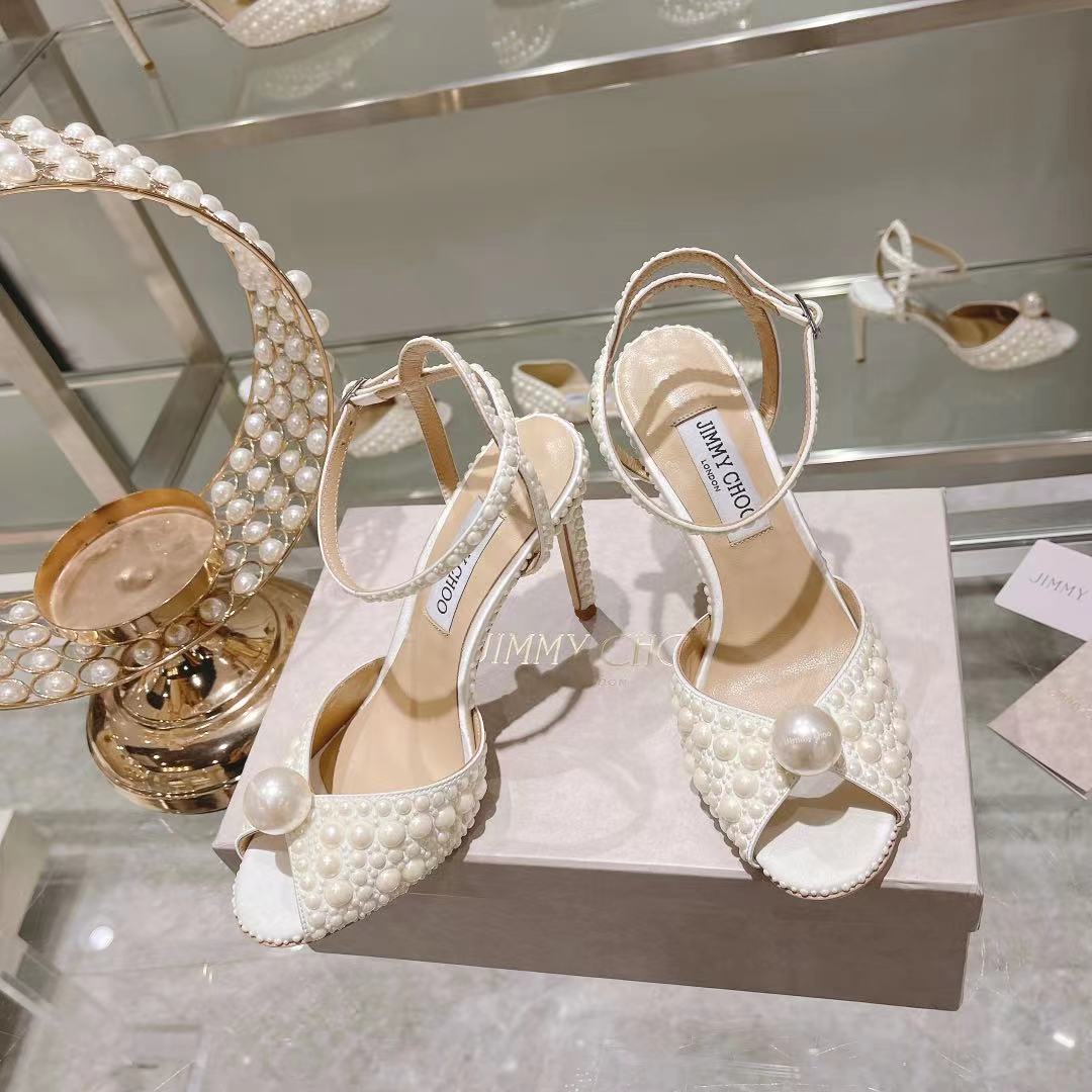 [TOP] Jimmy Choo 10cm Satin High Heel Sandals with All Over Pearls - White