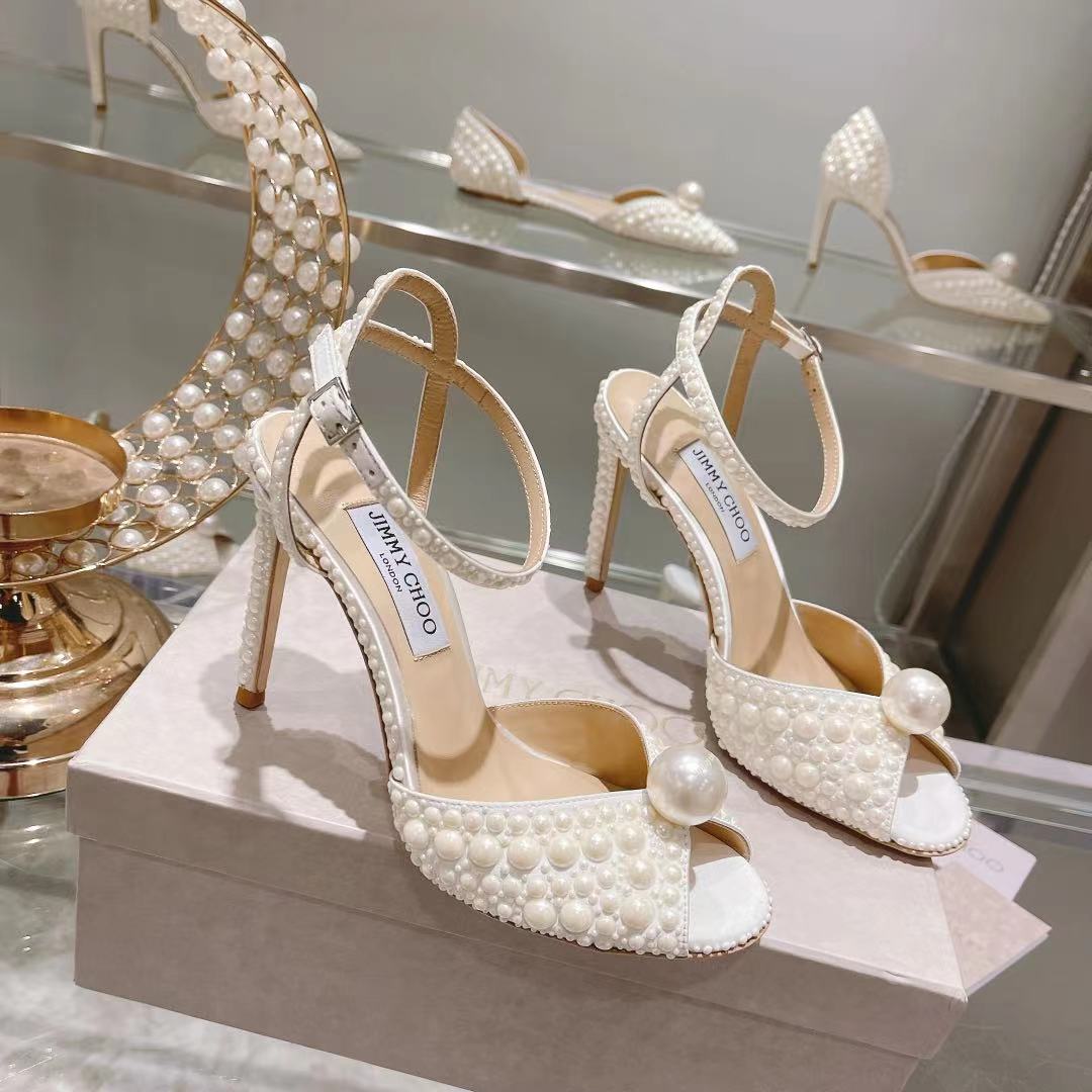 [TOP] Jimmy Choo 10cm Satin High Heel Sandals with All Over Pearls - White