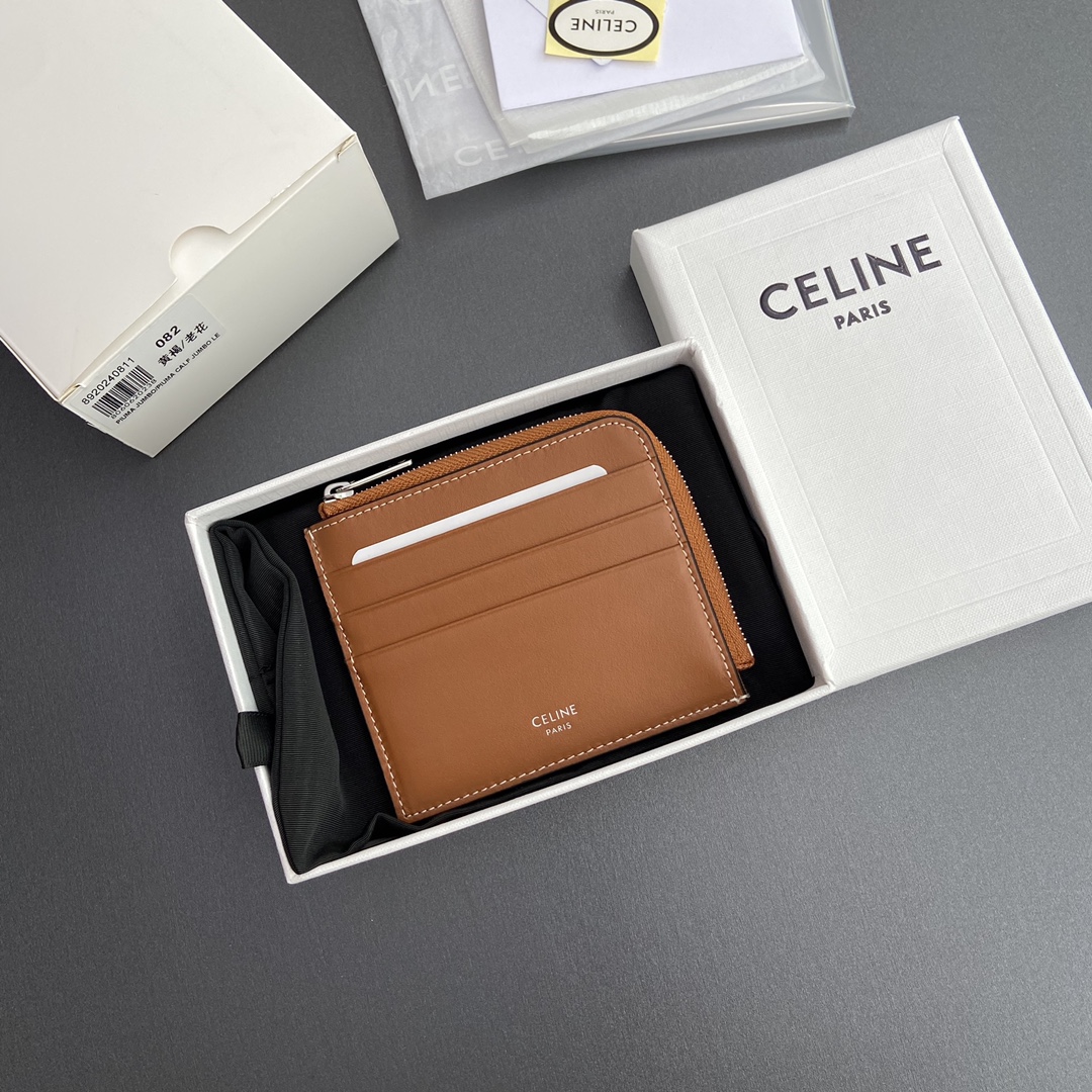 [TOP] CELINE Triomphe Logo Print Lambskin Zip Card Holder 11.5x9.5cm - Tan/Monogram