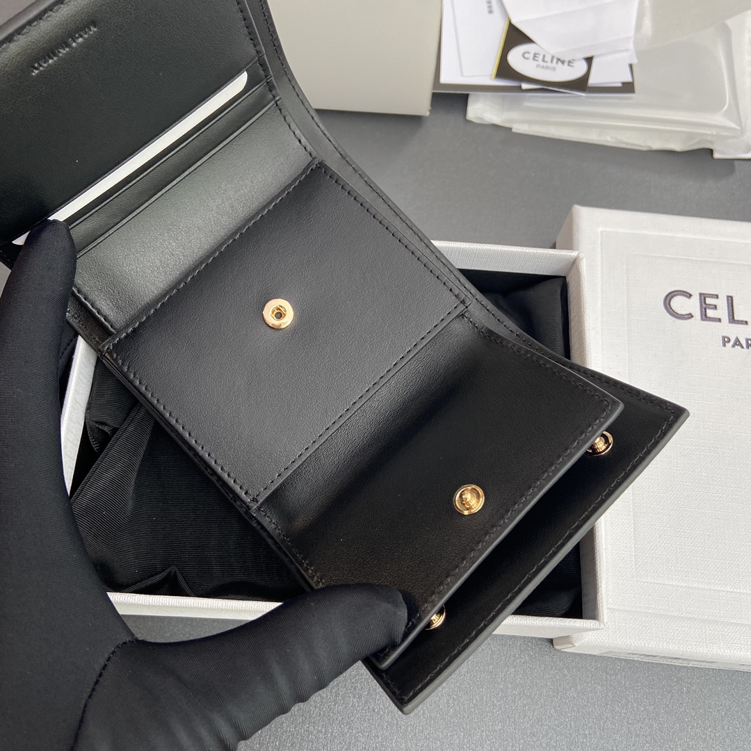 [TOP] CELINE Triomphe Grained Cowhide Leather Wallet 10.5x10x2cm - Black