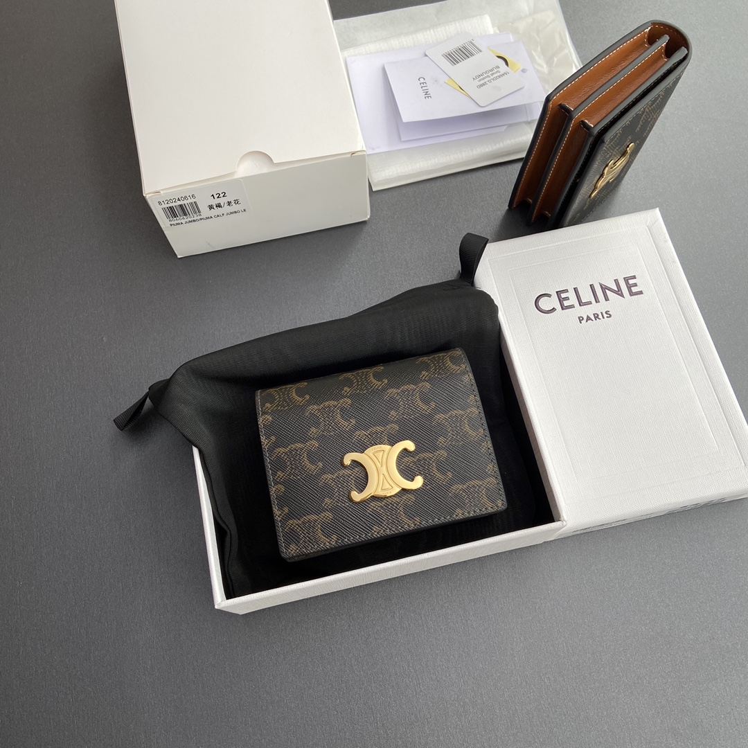 [TOP] CELINE Triomphe Logo Print Card Holder/Business Card Holder 10.5x8x3.5cm - Tan/Monogram