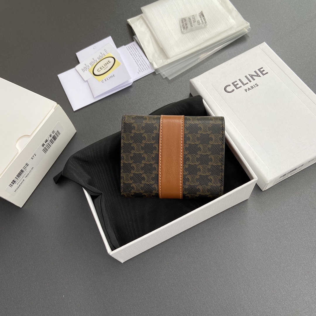 [TOP] CELINE Triomphe Logo Print Leather Wallet 10.5x8.5x4cm - Tan/Monogram