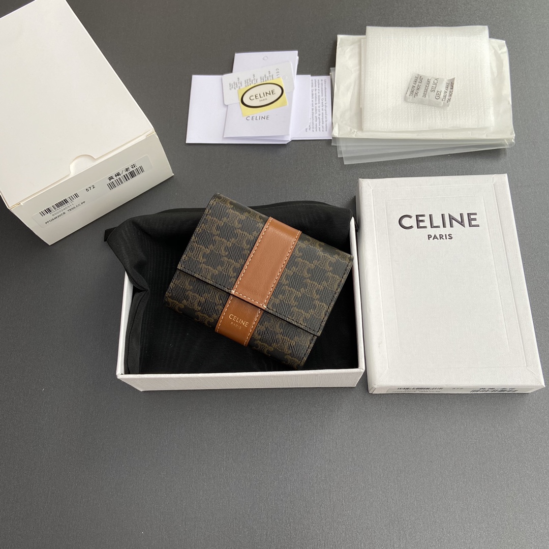 [TOP] CELINE Triomphe Logo Print Leather Wallet 10.5x8.5x4cm - Tan/Monogram