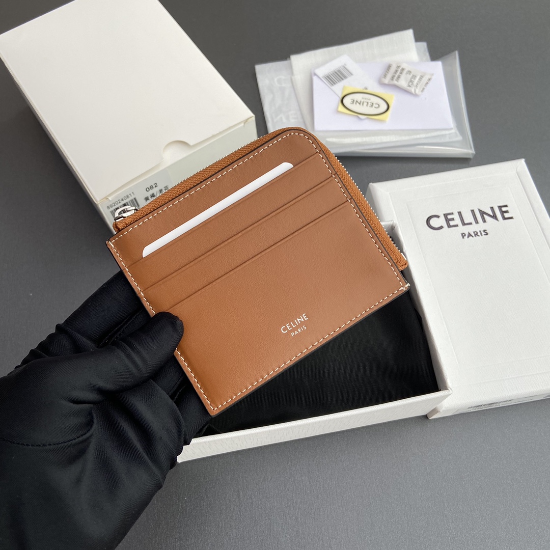 [TOP] CELINE Triomphe Logo Print Lambskin Zip Card Holder 11.5x9.5cm - Tan/Monogram