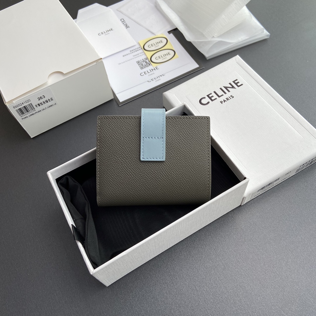 [TOP] CELINE Triomphe Two-tone Grained Calfskin Leather Strap Wallet 10.5x10x2cm - Gray