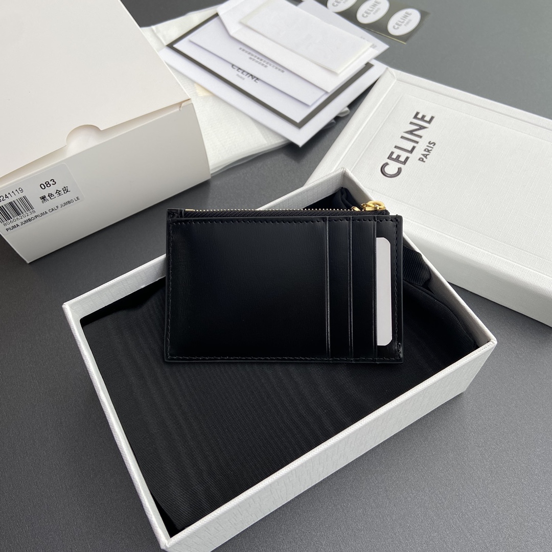 [TOP] CELINE Triomphe Calf Leather Zippered Card Holder 11x7.5cm - Black & GHW