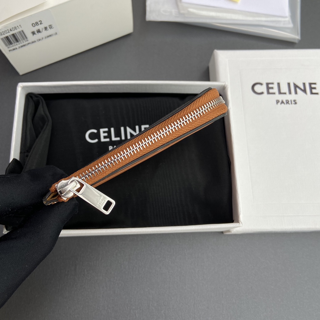 [TOP] CELINE Triomphe Logo Print Lambskin Zip Card Holder 11.5x9.5cm - Tan/Monogram