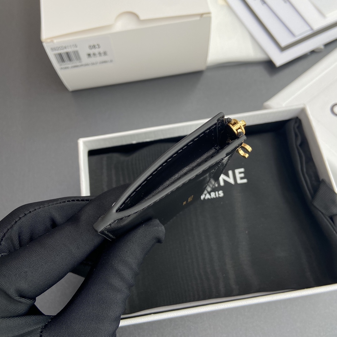 [TOP] CELINE Triomphe Calf Leather Zippered Card Holder 11x7.5cm - Black & GHW