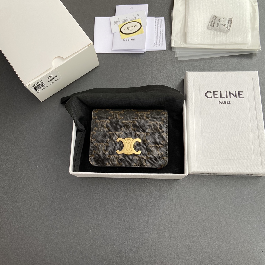 [TOP] CELINE Triomphe Logo Print Wallet 11x9x3cm - Tan/Monogram