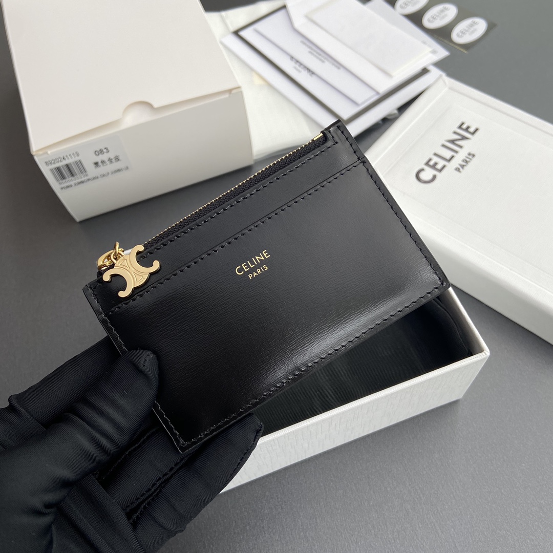 [TOP] CELINE Triomphe Calf Leather Zippered Card Holder 11x7.5cm - Black & GHW