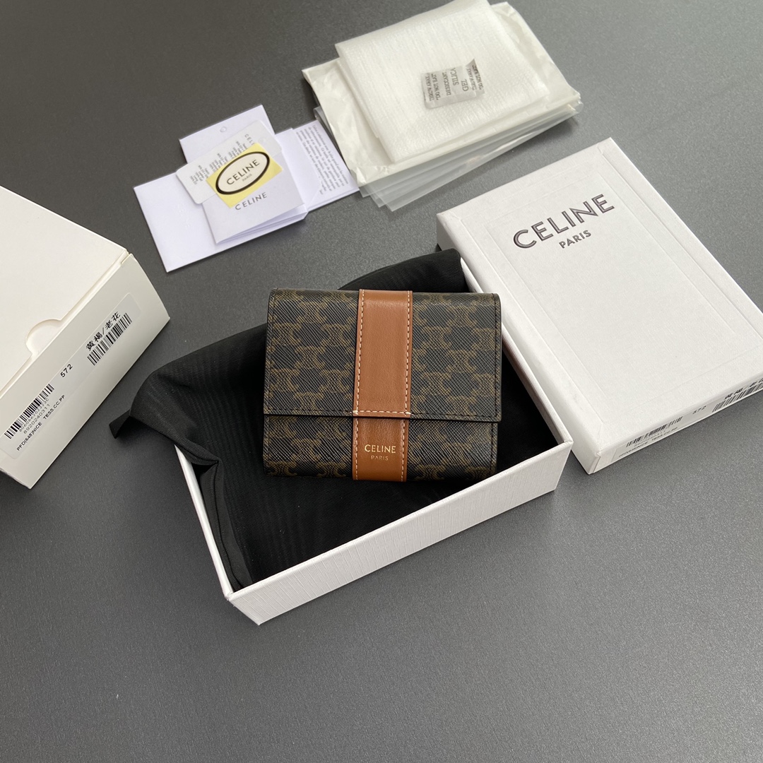 [TOP] CELINE Triomphe Logo Print Leather Wallet 10.5x8.5x4cm - Tan/Monogram