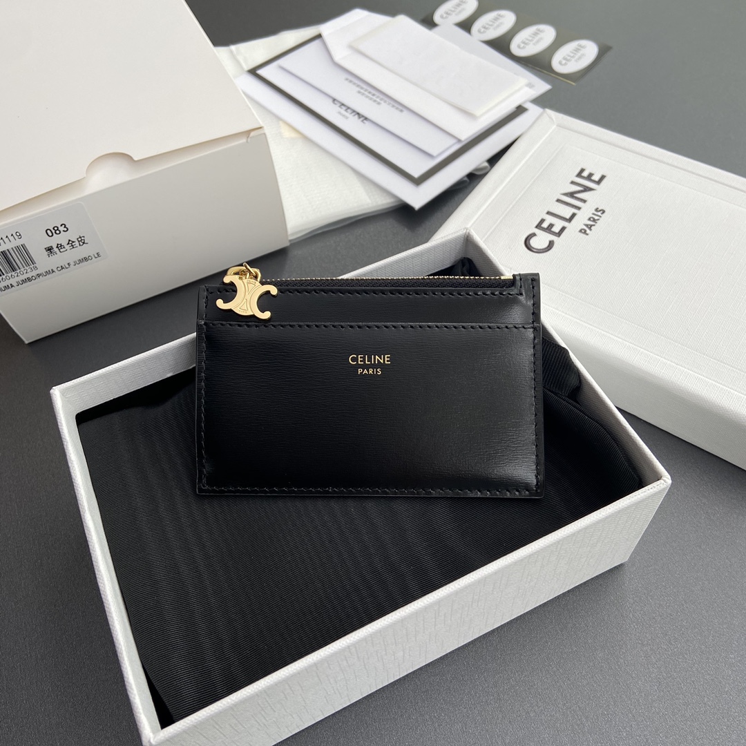 [TOP] CELINE Triomphe Calf Leather Zippered Card Holder 11x7.5cm - Black & GHW