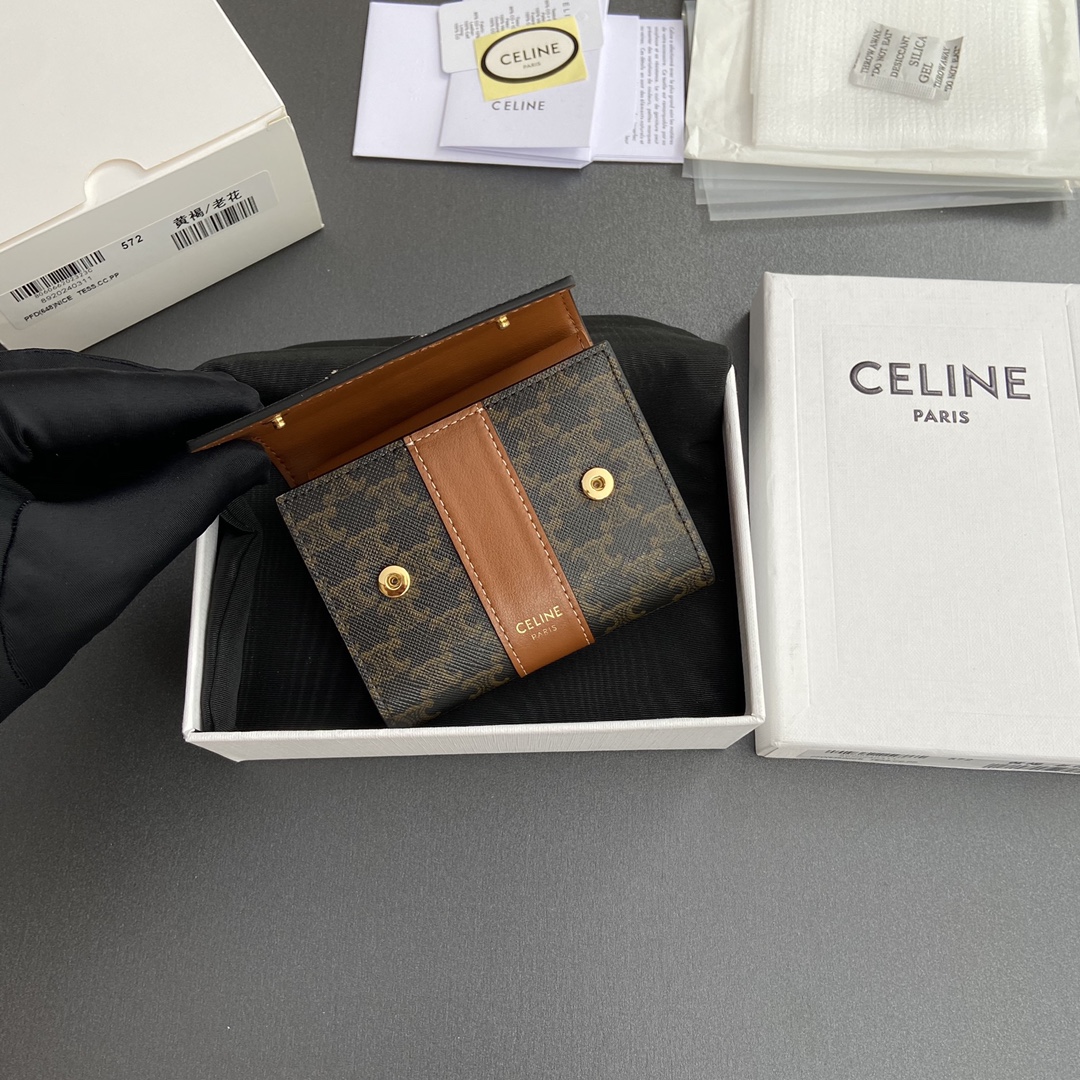 [TOP] CELINE Triomphe Logo Print Leather Wallet 10.5x8.5x4cm - Tan/Monogram