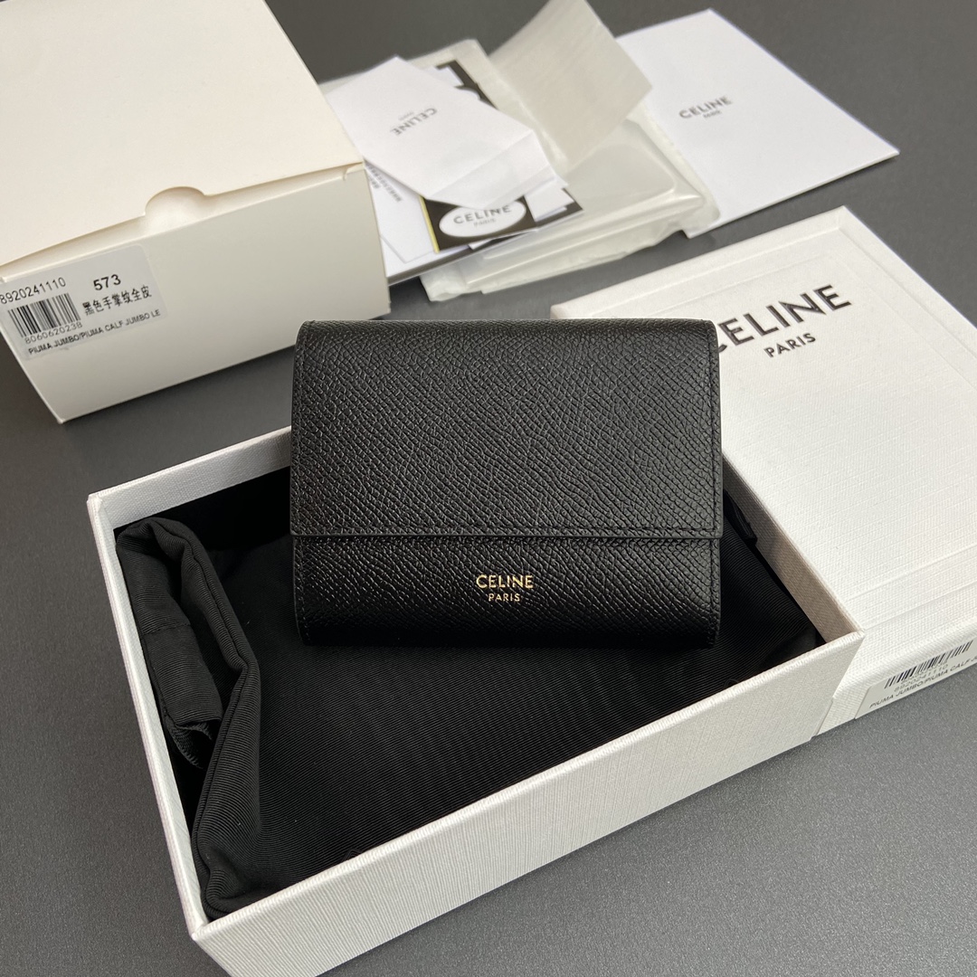 [TOP] CELINE Triomphe Grained Cowhide Leather Wallet 10.5x10x2cm - Black