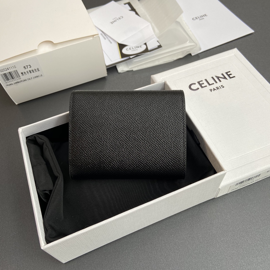 [TOP] CELINE Triomphe Grained Cowhide Leather Wallet 10.5x10x2cm - Black