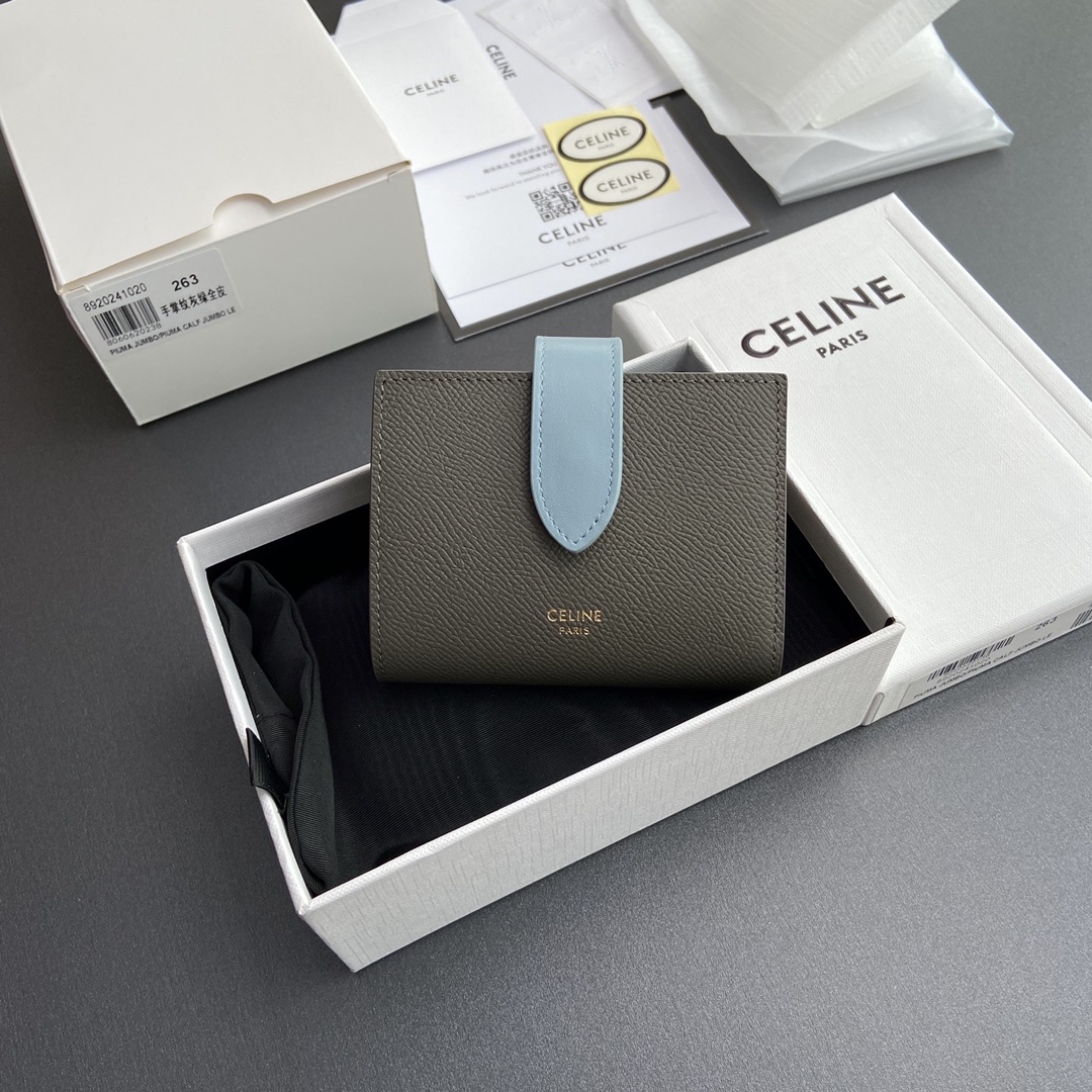 [TOP] CELINE Triomphe Two-tone Grained Calfskin Leather Strap Wallet 10.5x10x2cm - Gray