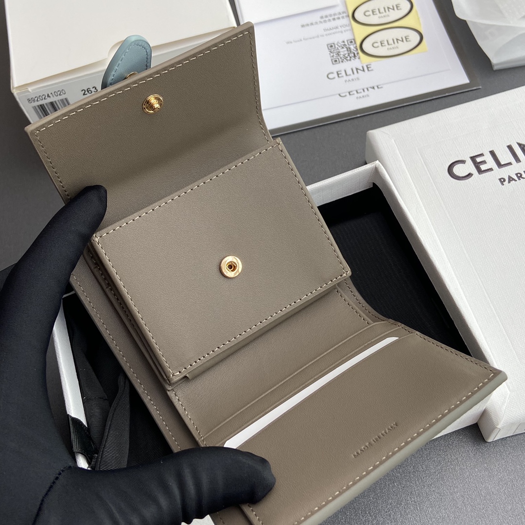 [TOP] CELINE Triomphe Two-tone Grained Calfskin Leather Strap Wallet 10.5x10x2cm - Gray