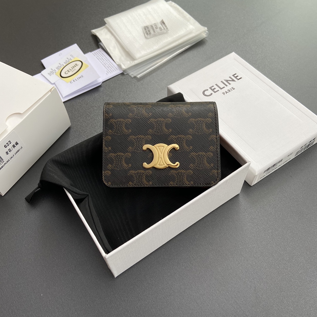 [TOP] CELINE Triomphe Logo Print Wallet 11x9x3cm - Tan/Monogram