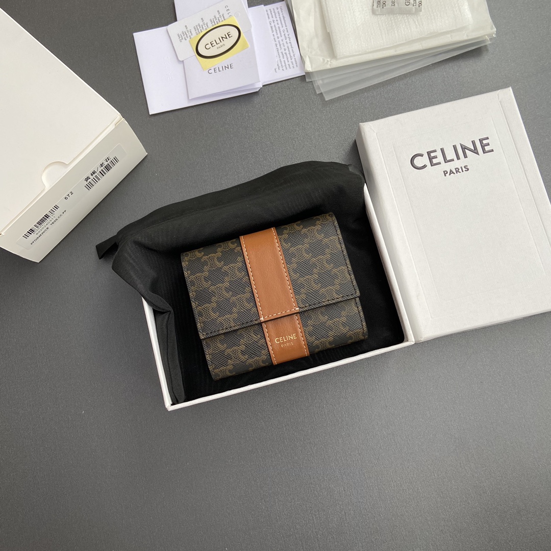[TOP] CELINE Triomphe Logo Print Leather Wallet 10.5x8.5x4cm - Tan/Monogram