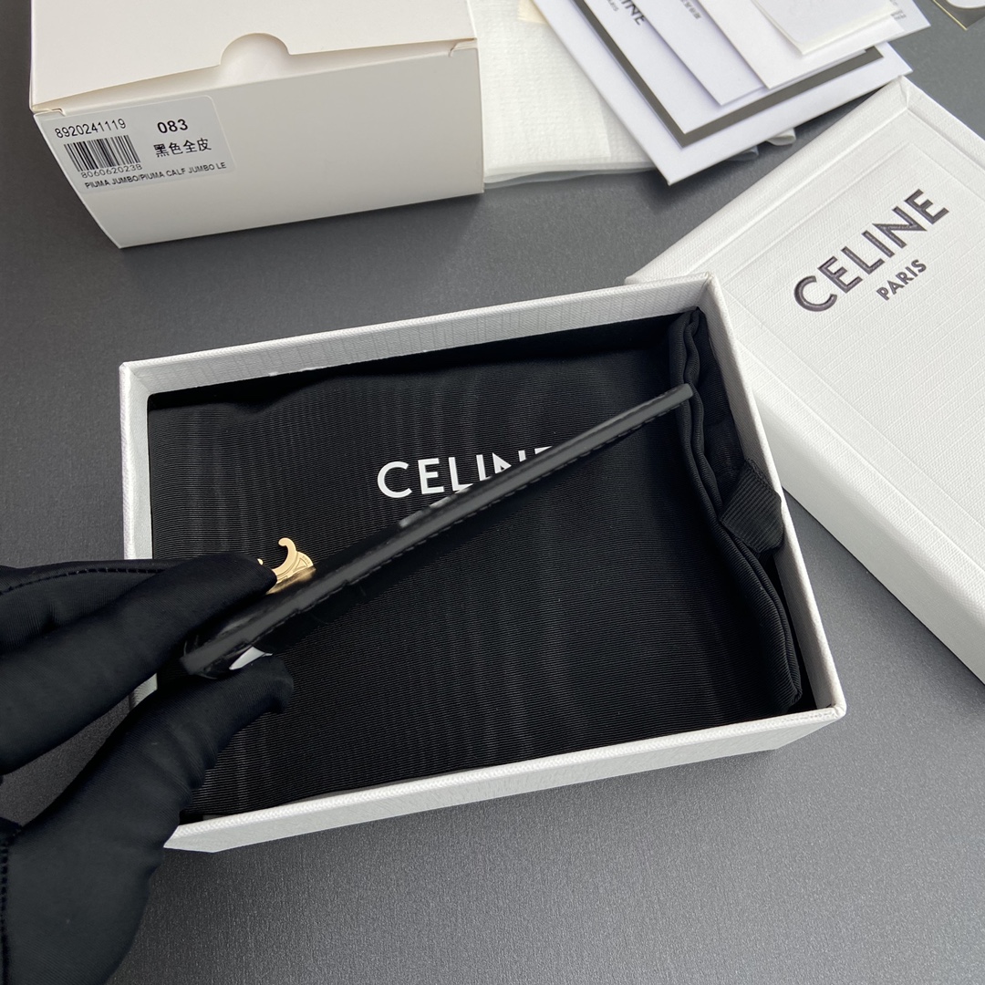 [TOP] CELINE Triomphe Calf Leather Zippered Card Holder 11x7.5cm - Black & GHW