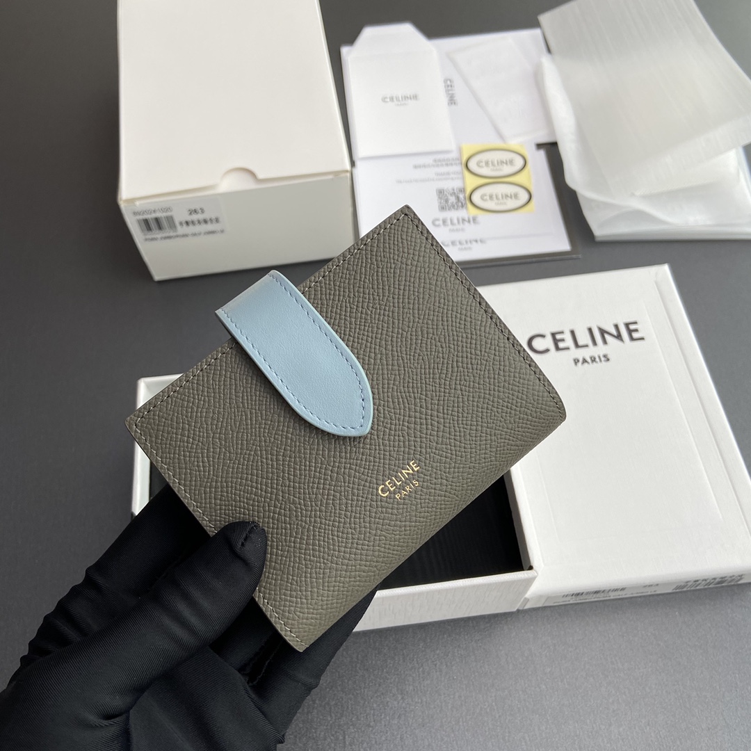 [TOP] CELINE Triomphe Two-tone Grained Calfskin Leather Strap Wallet 10.5x10x2cm - Gray