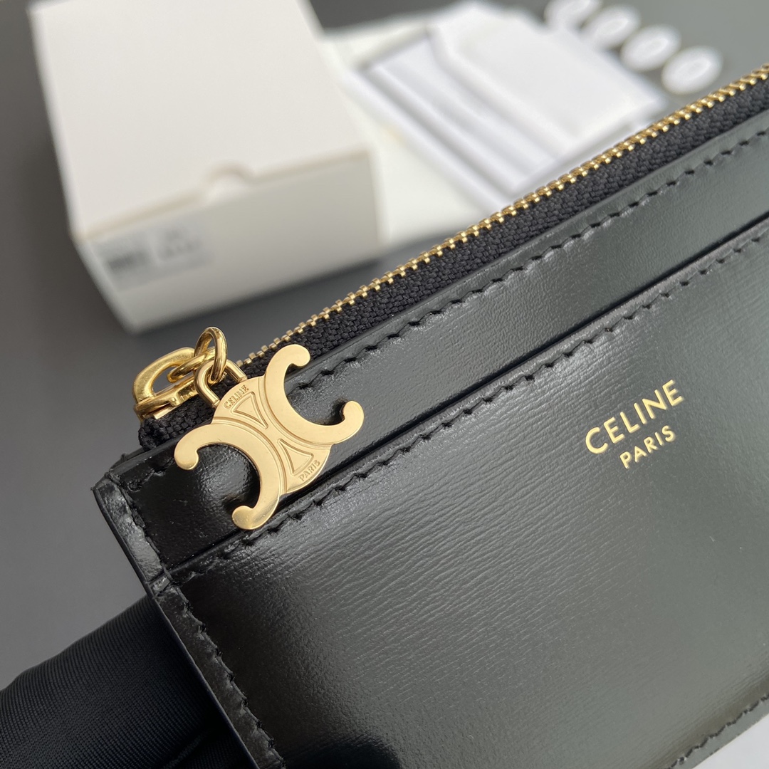 [TOP] CELINE Triomphe Calf Leather Zippered Card Holder 11x7.5cm - Black & GHW