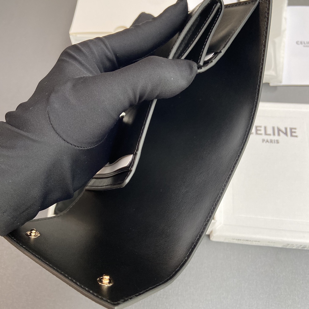 [TOP] CELINE Triomphe Grained Cowhide Leather Wallet 10.5x10x2cm - Black