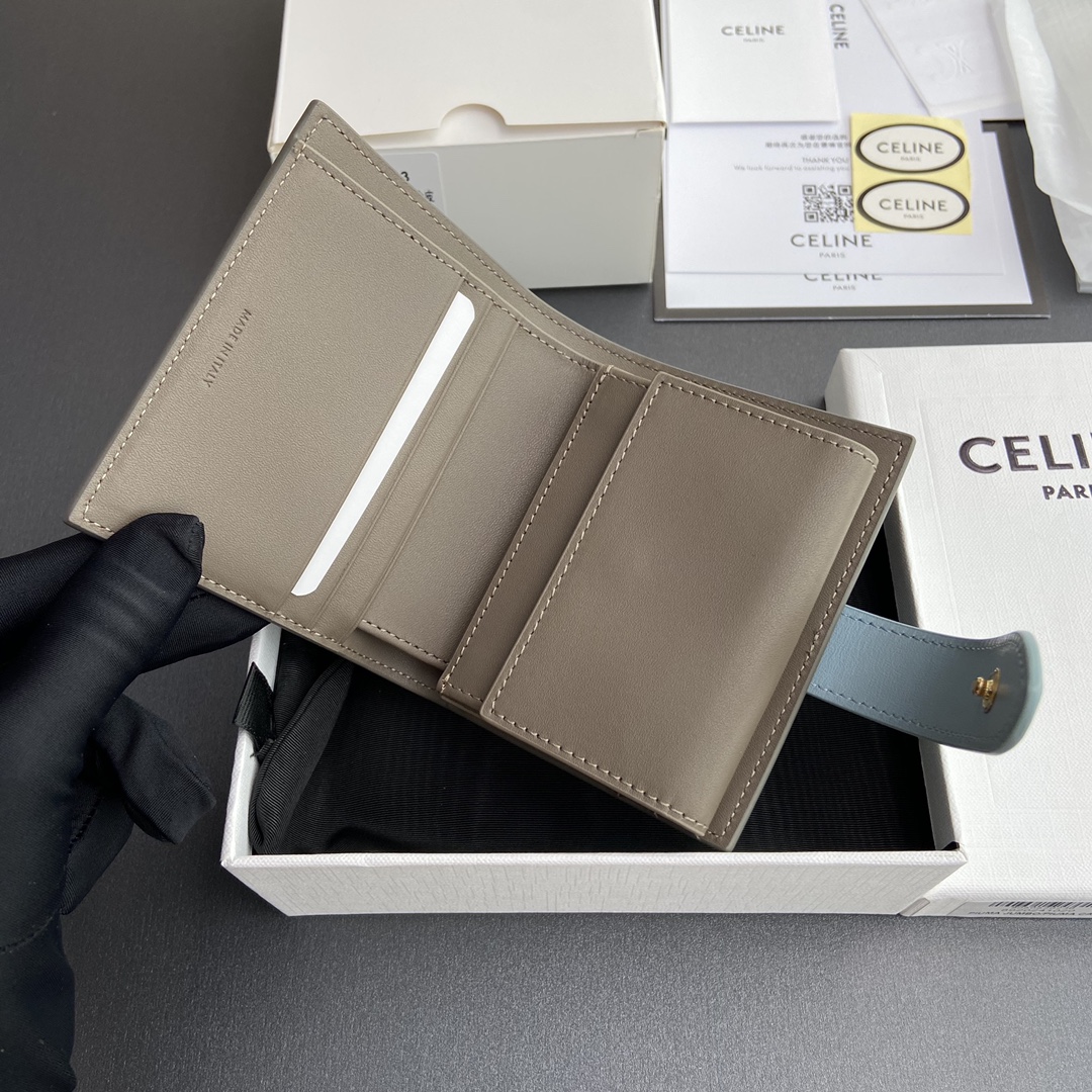 [TOP] CELINE Triomphe Two-tone Grained Calfskin Leather Strap Wallet 10.5x10x2cm - Gray