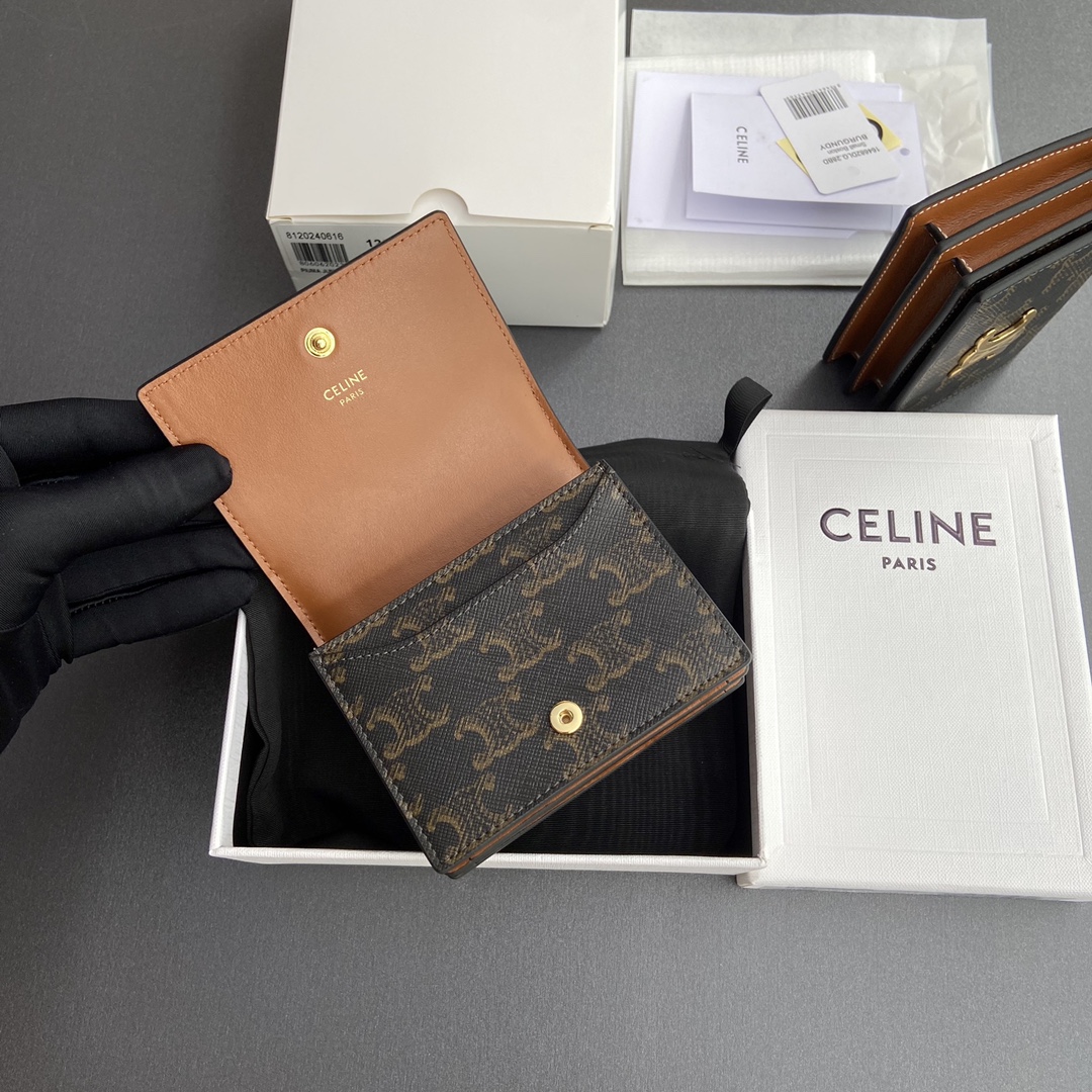 [TOP] CELINE Triomphe Logo Print Card Holder/Business Card Holder 10.5x8x3.5cm - Tan/Monogram