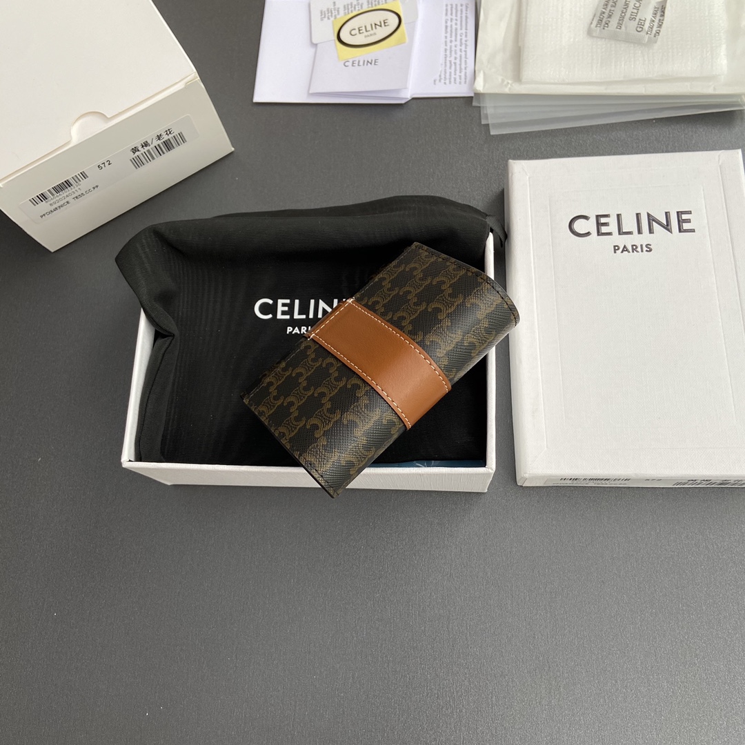 [TOP] CELINE Triomphe Logo Print Leather Wallet 10.5x8.5x4cm - Tan/Monogram