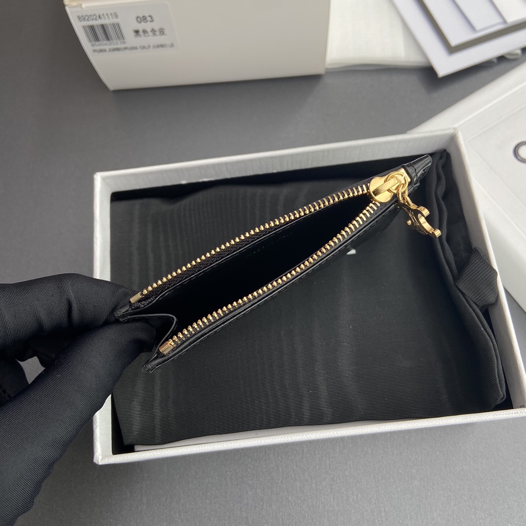 [TOP] CELINE Triomphe Calf Leather Zippered Card Holder 11x7.5cm - Black & GHW