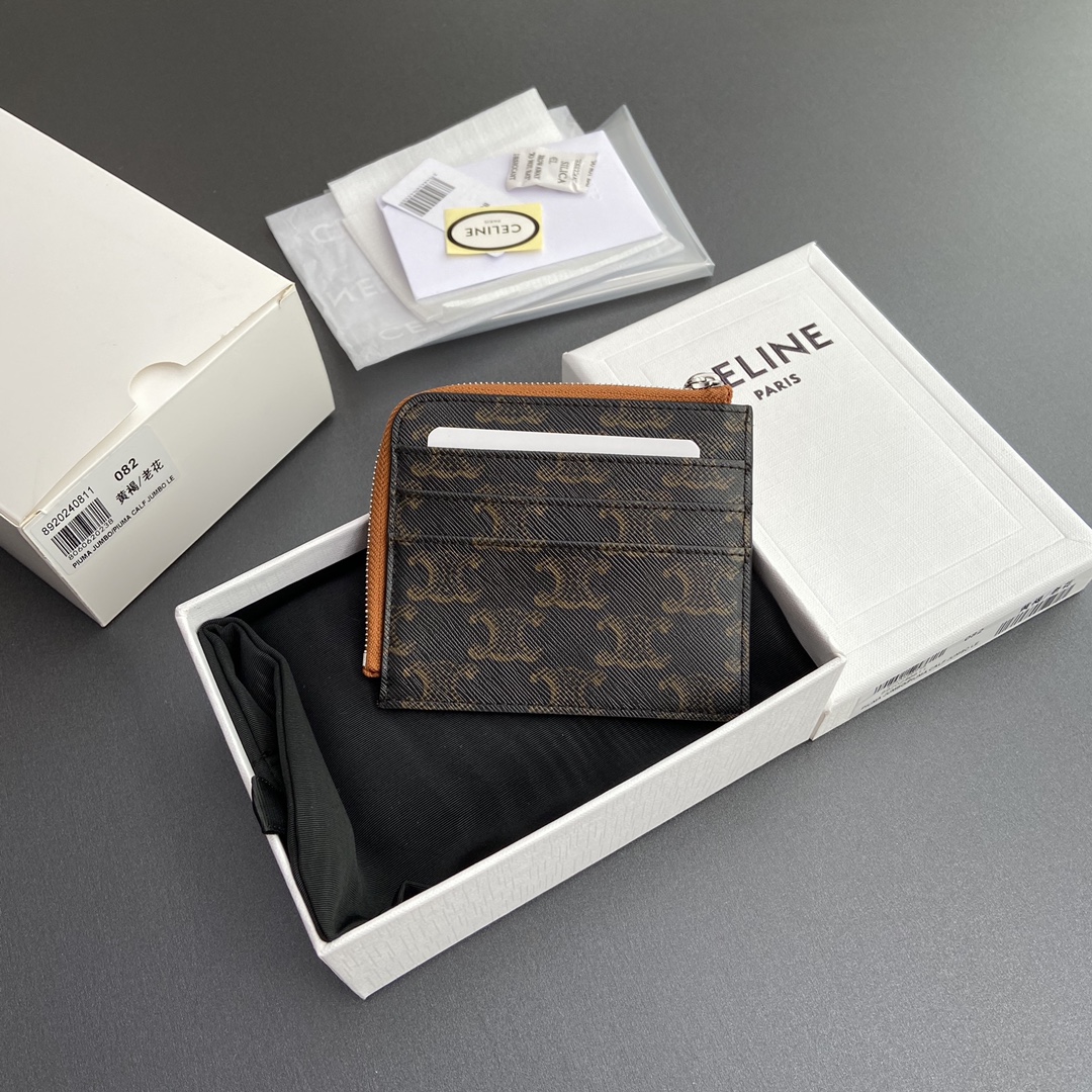 [TOP] CELINE Triomphe Logo Print Lambskin Zip Card Holder 11.5x9.5cm - Tan/Monogram