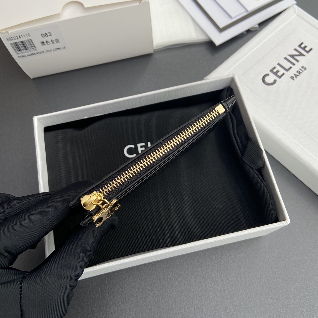 [TOP] CELINE Triomphe Calf Leather Zippered Card Holder 11x7.5cm - Black & GHW