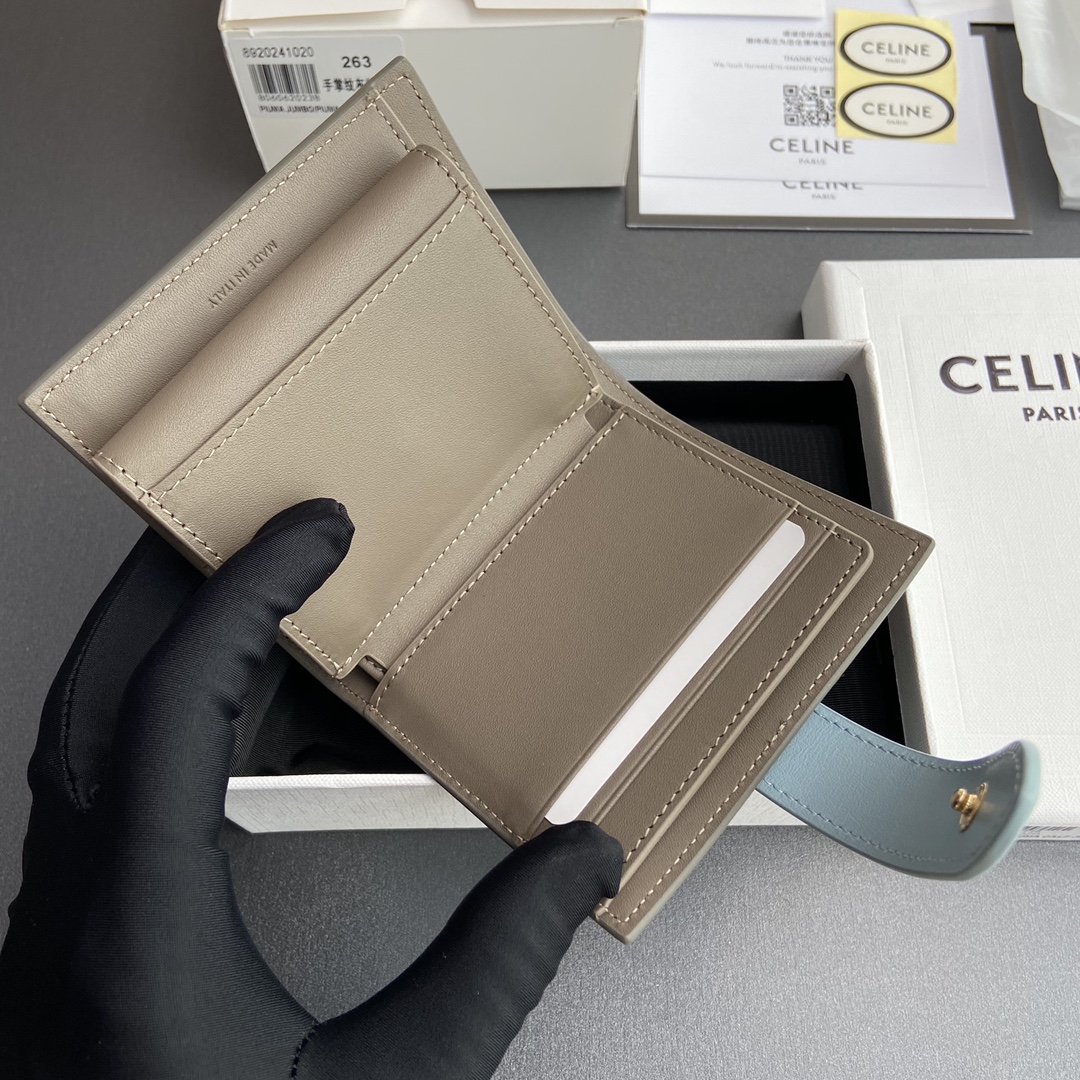 [TOP] CELINE Triomphe Two-tone Grained Calfskin Leather Strap Wallet 10.5x10x2cm - Gray