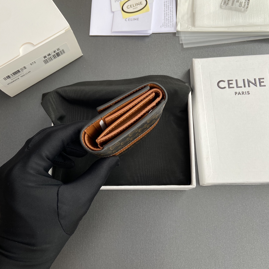 [TOP] CELINE Triomphe Logo Print Leather Wallet 10.5x8.5x4cm - Tan/Monogram