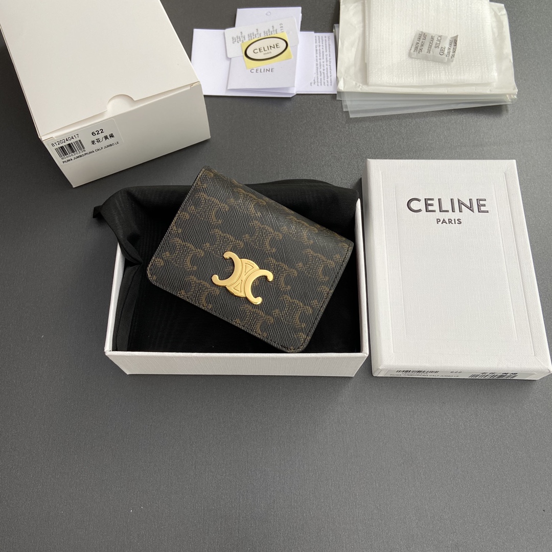 [TOP] CELINE Triomphe Logo Print Wallet 11x9x3cm - Tan/Monogram