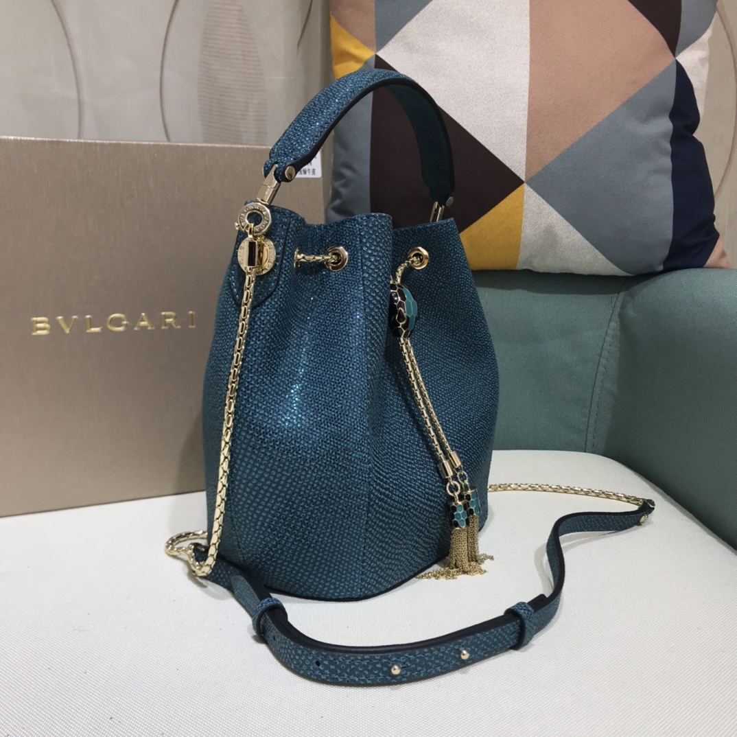 [TOP] BVLGARI Snake printed patent calfskin Bucket Bag 16*20*10.5cm - Green