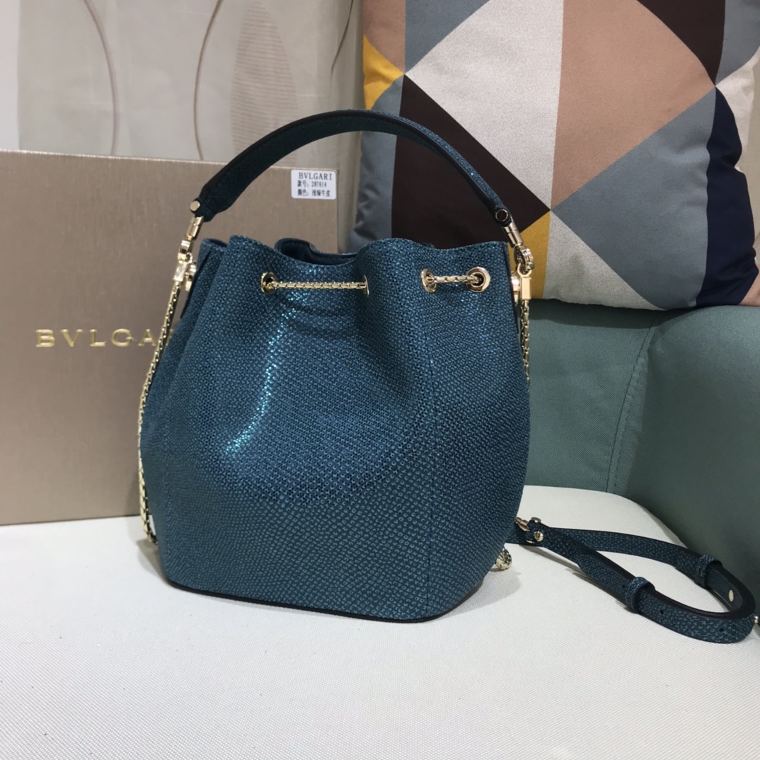[TOP] BVLGARI Snake printed patent calfskin Bucket Bag 16*20*10.5cm - Green