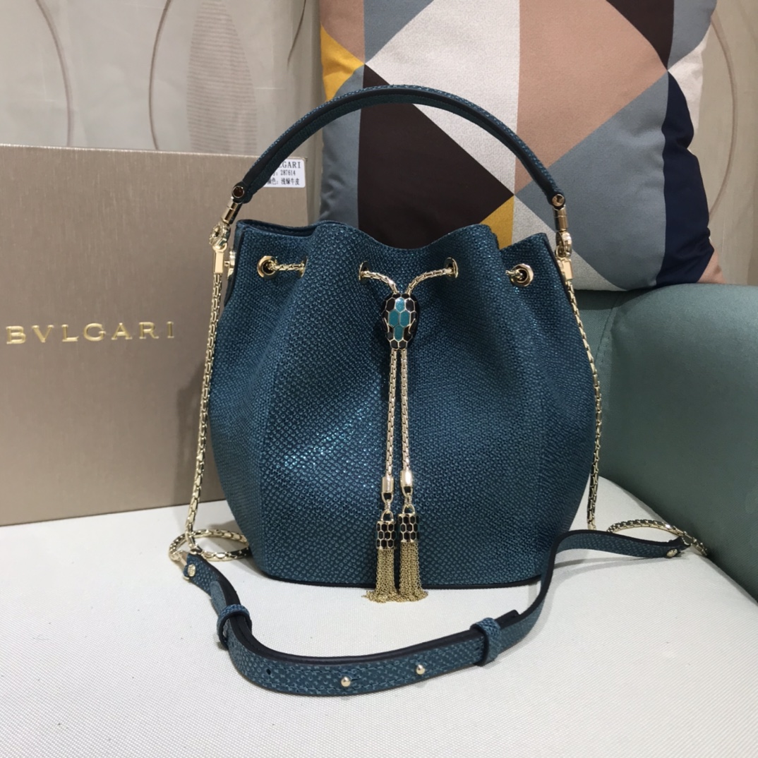 [TOP] BVLGARI Snake printed patent calfskin Bucket Bag 16*20*10.5cm - Green