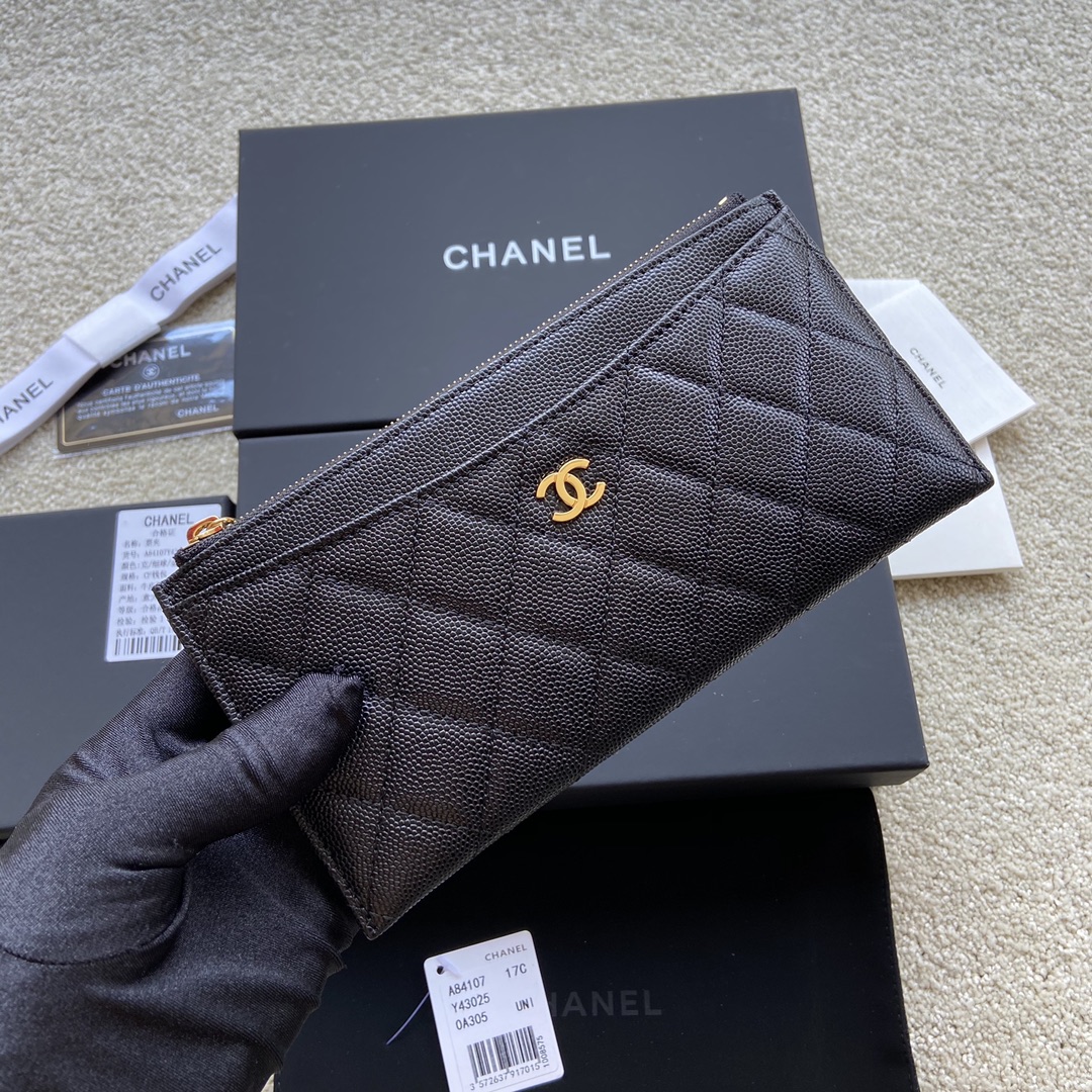 [TOP] CHANEL Wallet Grained Calfskin 19.5×10×2cm - Black & GHW/SHW