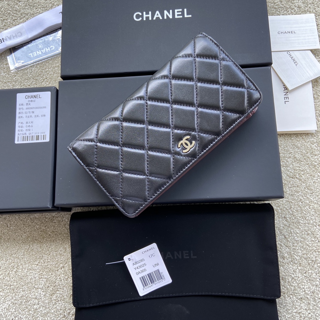 [TOP] CHANEL Wallet Lambskin 18.5×10×2.5cm - Black & GHW/SHW