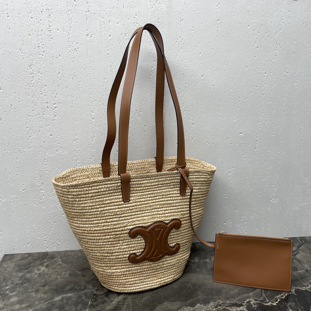 [TOP] CELINE Cow Leather Classic Straw Basket Bag 22*30*14CM - Apricot &Brown