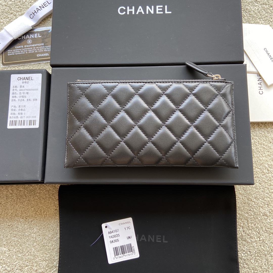 [TOP] CHANEL Wallet Lambskin 19.5×10×2cm - Black & GHW/SHW