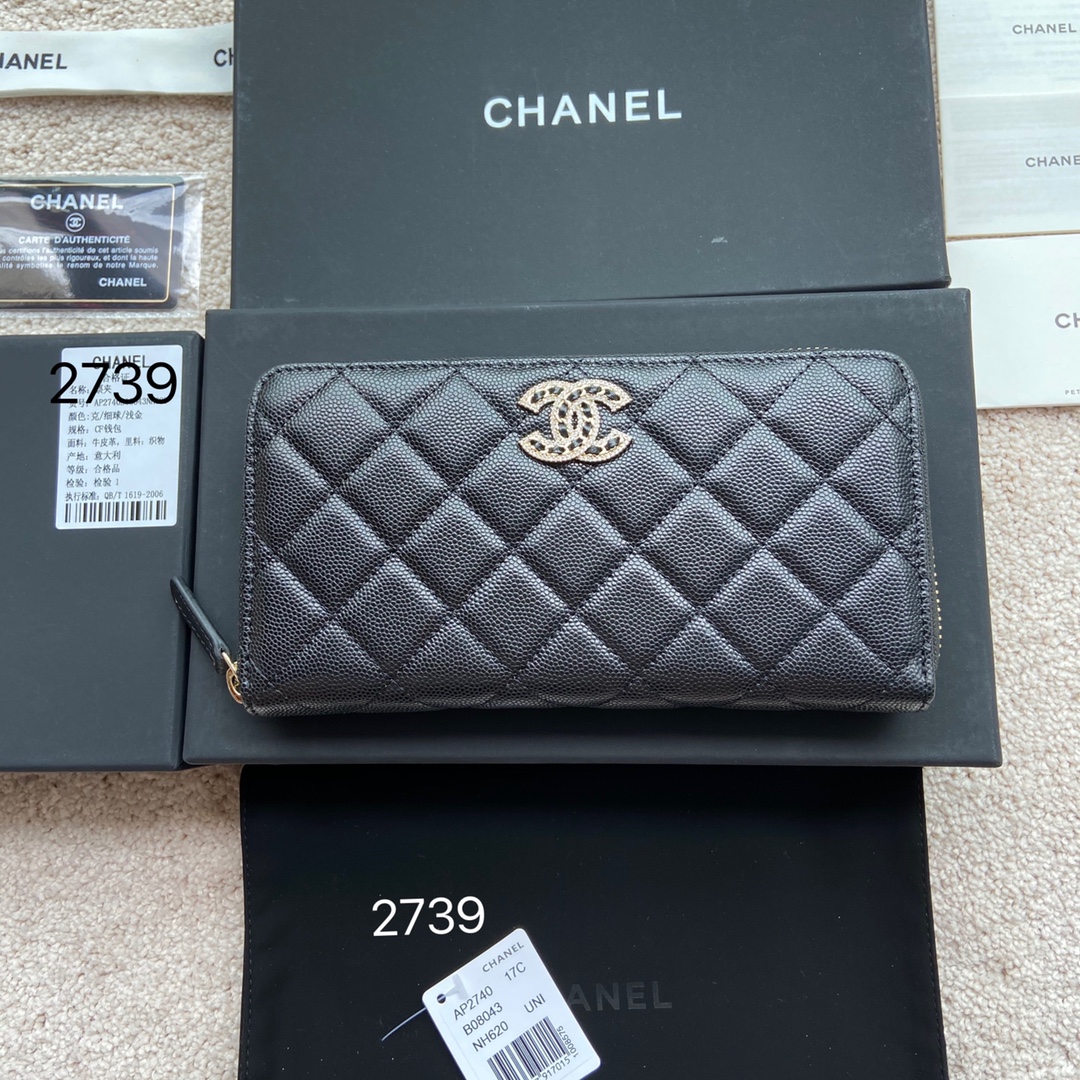 [TOP] CHANEL Wallet Grained Calfskin 19.5×10.5×2cm - Black & GHW